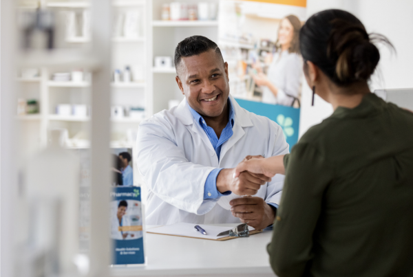 a happy pharmacist at work